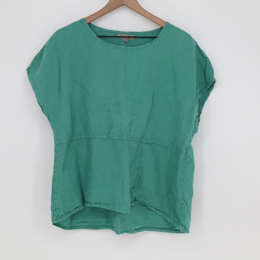 FLAX Linen Top Womens M Boxy Short Sleeve Green Round Neck Relaxed Excellent